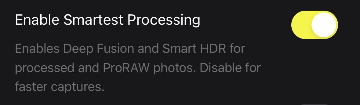 A screenshot of the "Enable Smartest Processing" option in Halide.