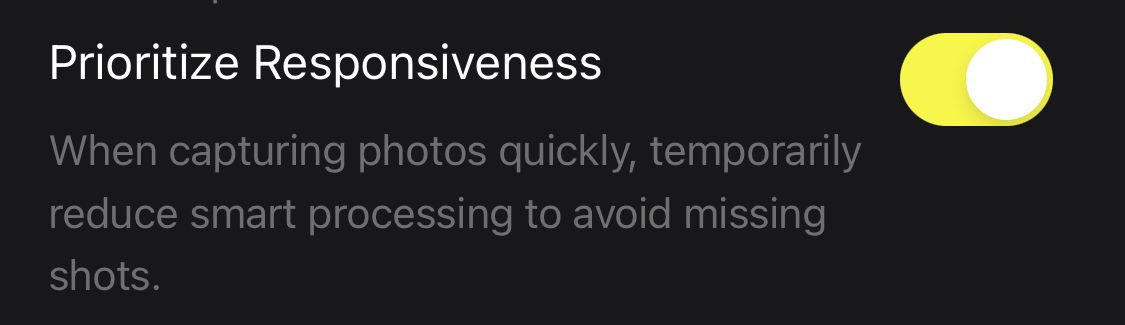 A screenshot of the "Prioritize responsiveness" setting in Halide.