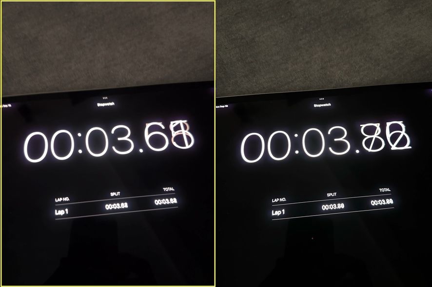 A screenshot of a viewfinder showing a stopwatch, side by side with a photo of the stopwatch, the times slightly different.